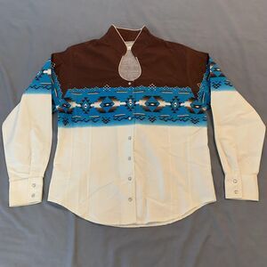 Cumberland Outfitters Shirt Womens Medium‎ Brown Blue Aztec Western Pearl Snap